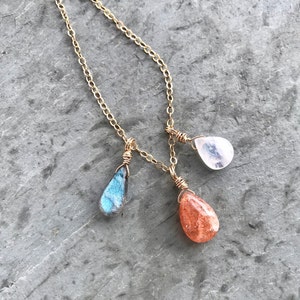 Labradorite Moonstone Sunstone Necklace, Delicate Gold Chain, Three Gemstones, 3 Gem Drops, Three Teardrop Dangles, Dainty Cluster Necklace