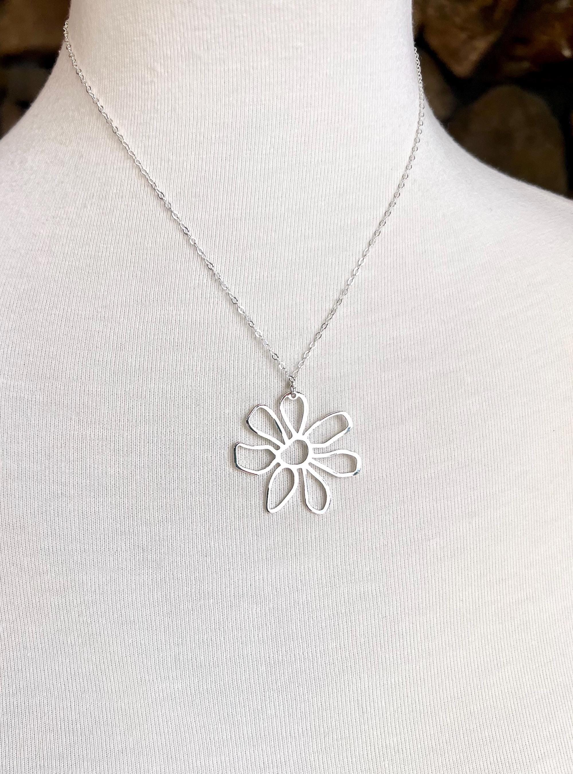 Large Sterling Silver Daisy Necklace, Open Flower Charm, Cut Out