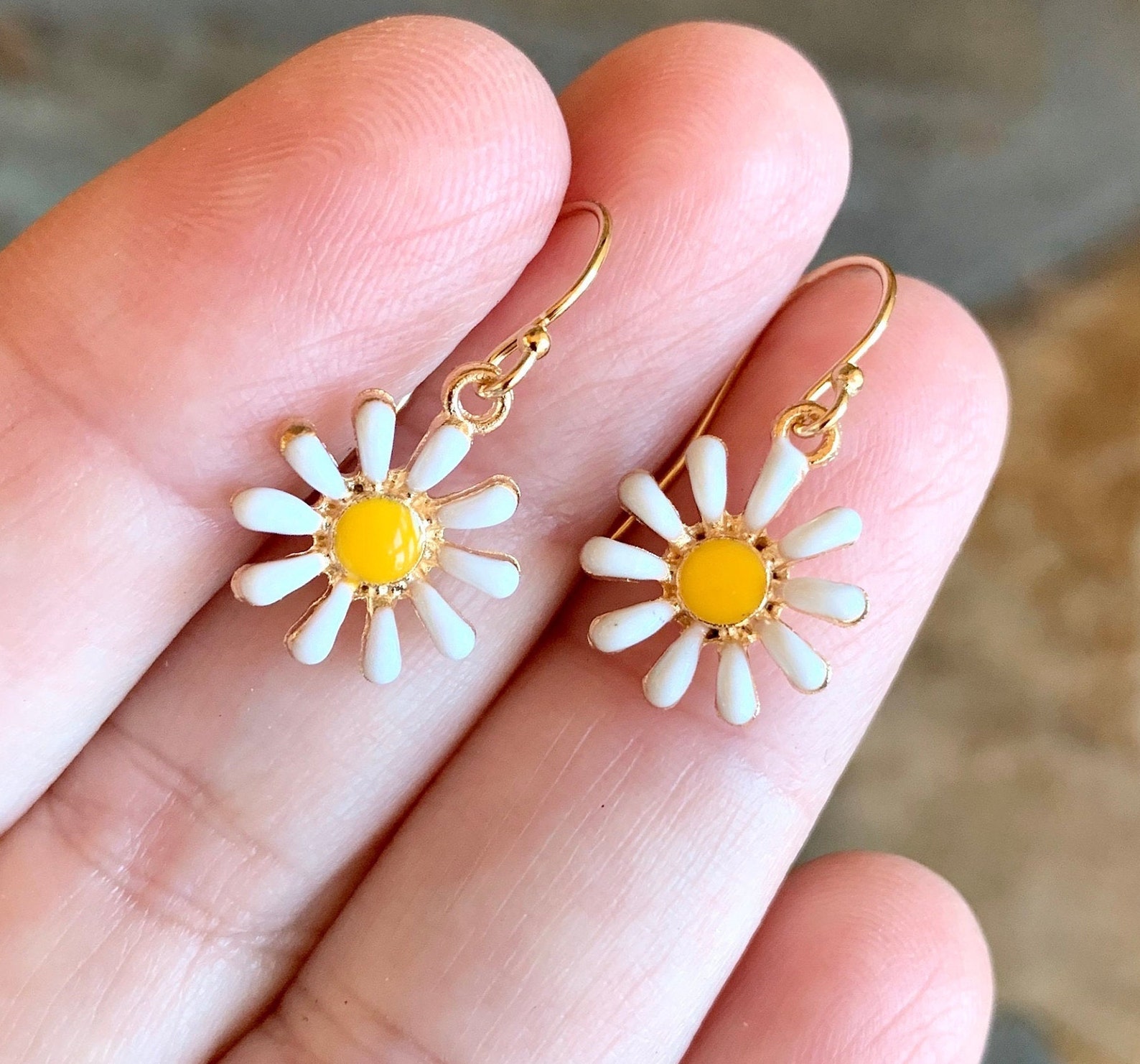 Daisy Earrings Enamel Daisies White and Yellow Daisy Flower Etsy