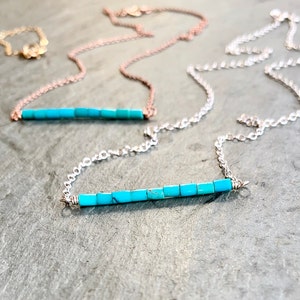 Turquoise Bar Necklace, Silver, Gold, Rose Gold, Row of Turquoise, Dainty Layering Necklace, Blue Kingman Turquoise, Tiny Turquoise Beads