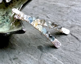 Moss Aquamarine Earrings, Sterling Silver, Wire Wrapped Gemstones, Hammered Silver Bar, Long Earrings, Silver Stick, Stacked Ombre Gemstones