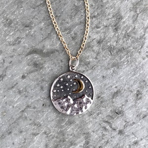 Mountain and Moon Necklace, Solid Silver, Mountain Lover, Starry Night Sky, Moon and Mountain, Wilderness Necklace, Outdoor Nature Moon Star
