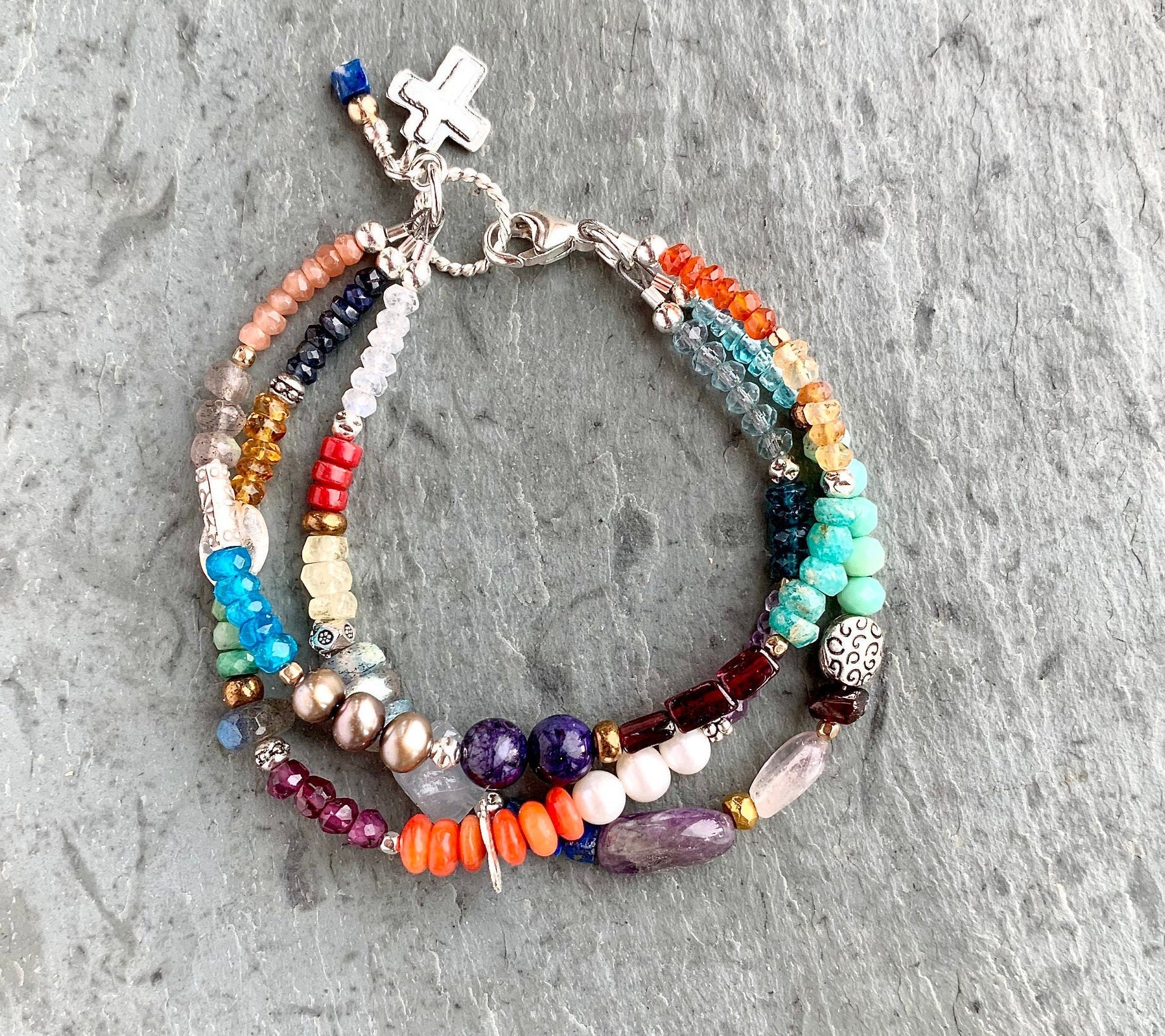 Colorful Multi Gemstone Bracelet Sterling Silver Triple - Etsy