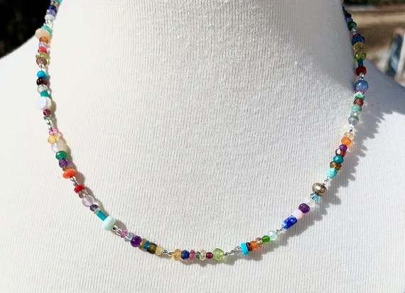 Multi Colored Bead Necklace, Colorful Long Stone Beaded Necklace, Layering  Hippie Chain, Boho, Wrap Cuff