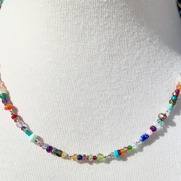 Multicolor Gemstone Necklace, Sterling Silver, Beaded Gemstone Choker, Boho Gypsy, Real Gemstones, Rainbow, Colorful Whimsical Necklace