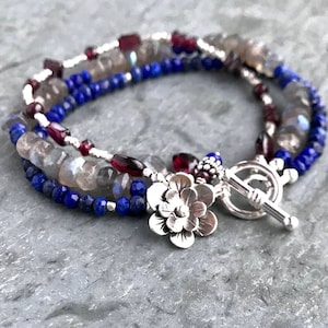 Triple Strand Gemstone Bracelet, Sterling Silver, 3 Strands, Labradorite Bracelet, Boho Beaded, Garnet and Lapis Bracelet, Flower Charm