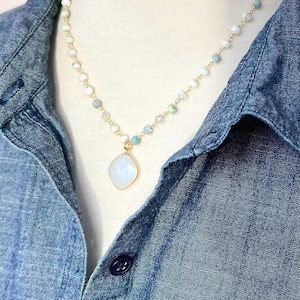 Peruvian Opal Rosary Chain Necklace, Bezel Set Square Moonstone Pendant