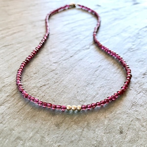 Garnet Choker, Garnet Necklace, Boho Beaded, Gold Filled Beads, Simple Minimal Dainty, Little Red Beads, Round 3mm Garnet, Garnet Jewelry