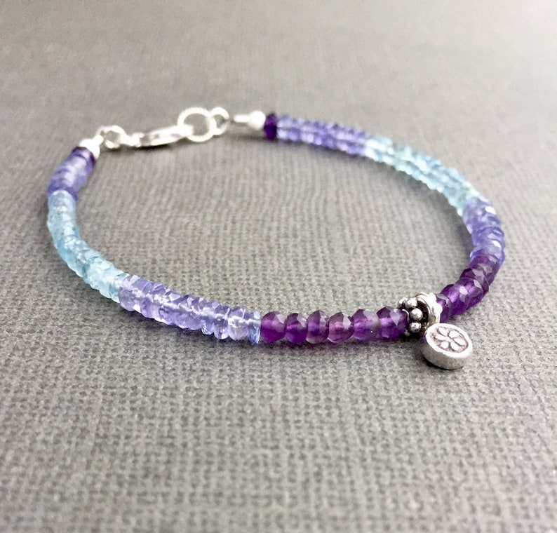 Tanzanite Aquamarine Amethyst Bracelet, Sterling Silver, Color Block Gemstone Jewelry