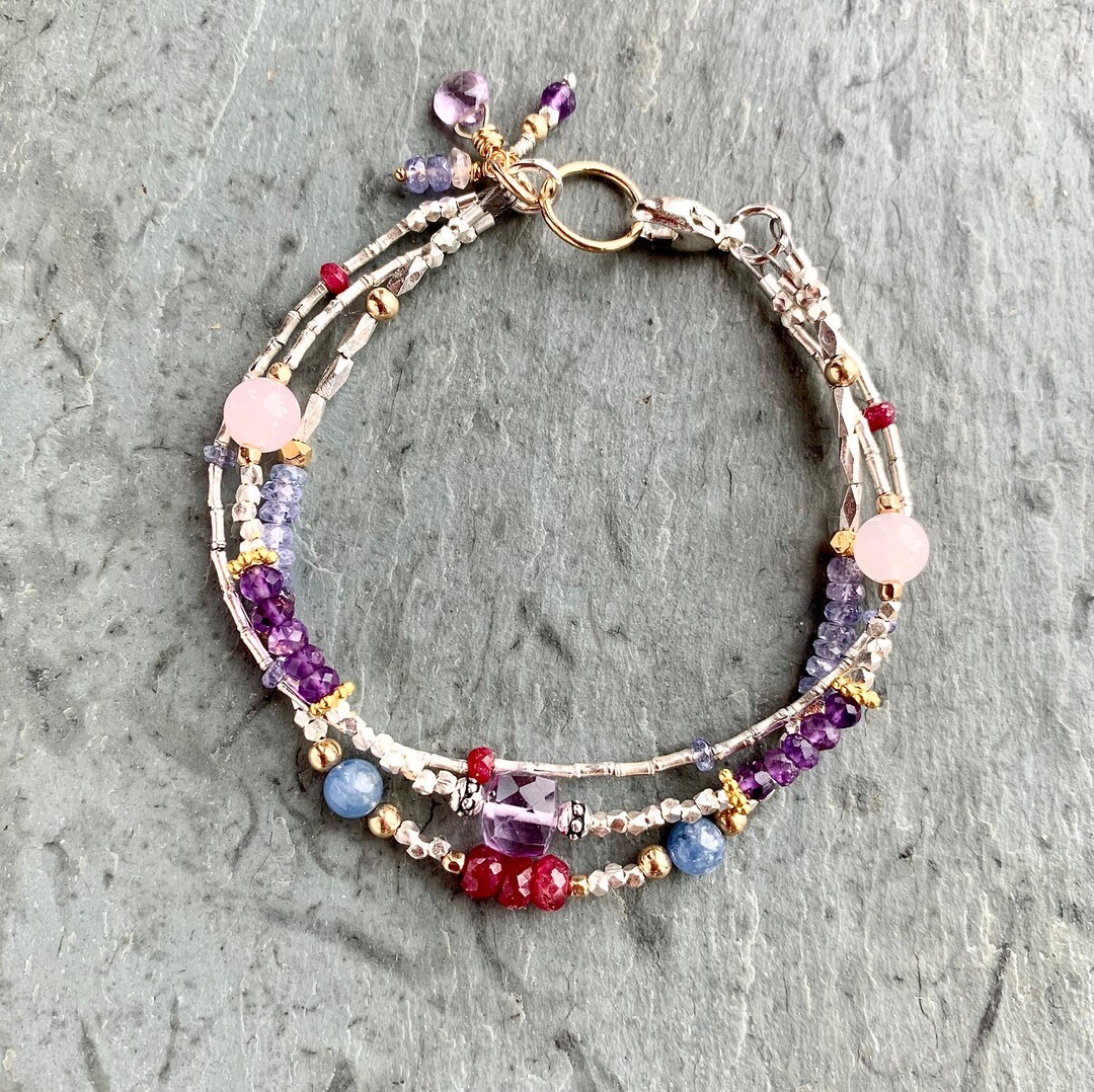 Three Strand Gemstone Bracelet, Sterling Silver, 3 Strands, Colorful ...