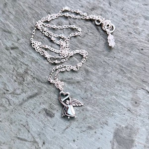 Sterling Silver Angel Necklace: Guardian Angel Heart Pendant, Satellite Chain