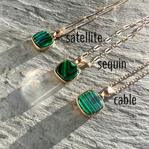 Malachite Necklace, Gold Frame Malachite, Square Green Pendant on Dainty Gold Chain, Layering Necklace, Choose Gold Chain, Small Green Stone