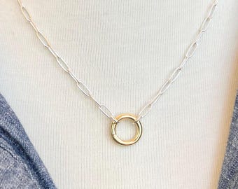 Mixed Metal Charm Clasp Necklace, Sterling Silver Paperclip Chain with Gold Charm Ring, Paperclip Necklace with Hinge Clasp, Necklace Gift