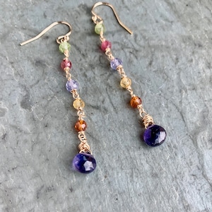 Long Colorful Drop Earrings, Gold Wire Wrapped Gemstones, Sterling Silver, Long Gemstone Dangles, Iolite Teardrops, Special Gift for Her