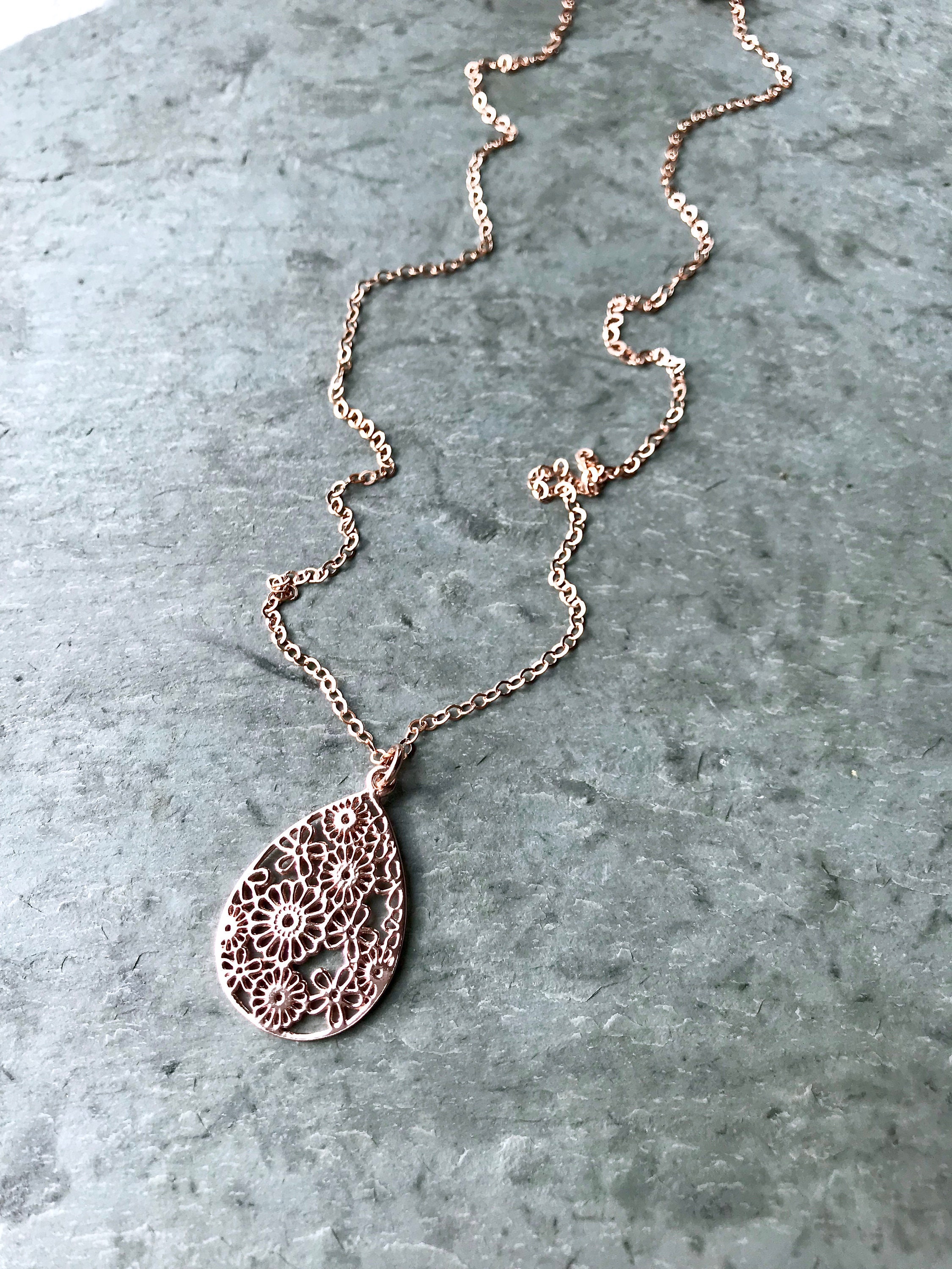 Sterling Silver Large Teardrop Pendant Necklace Gold Vermeil Flowers UK Seller Sterling Silver Large Teardrop Pendant Necklace Gold Vermeil Flowers UK Seller