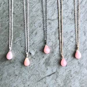 Pink Opal Necklace, Pink Gemstone Necklace, Peruvian Pink Opal and Silver Necklace, Opal Necklace Gift, Custom Length, Pale Pink Teardrop
