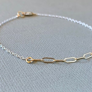 Gold and Silver Link Bracelet, Sterling Silver Bracelet with Gold Links, Dainty Mixed Metal Bracelet, Silver Chain with Gold Paperclip Links