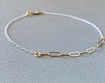 Gold and Silver Link Bracelet, Sterling Silver Bracelet with Gold Links, Dainty Mixed Metal Bracelet, Silver Chain with Gold Paperclip Links