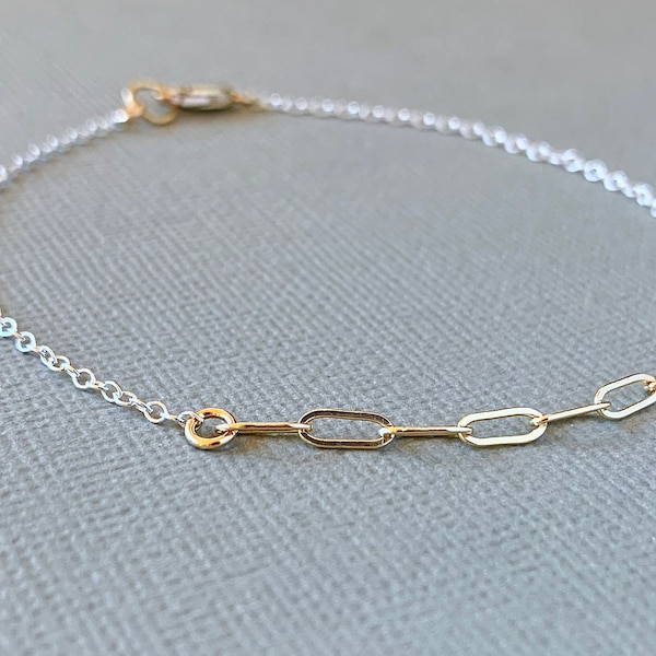 Gold Filled and Sterling Silver Chain Bracelet, Paperclip Chain, Two Tone Mixed Metal, Minimal Layering, Rose Gold Filled and Silver