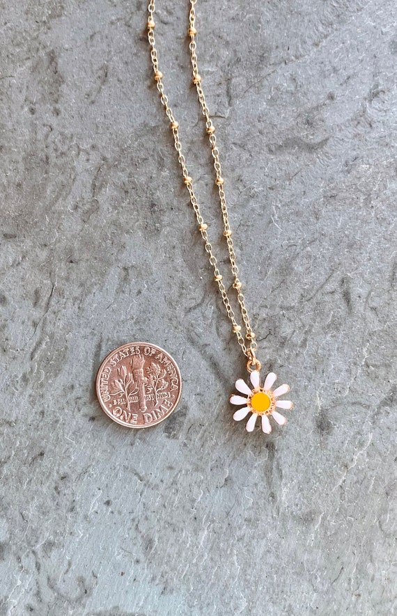 Daisy Necklace, Gold Filled, Enamel Daisy Charm Necklace