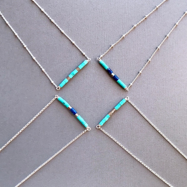 Dainty Turquoise Choker, Kingman Turquoise, Tiny Blue Beads, Sterling Silver, Satellite Chain, Lapis, Minimal Bead Bar, Layering Necklace