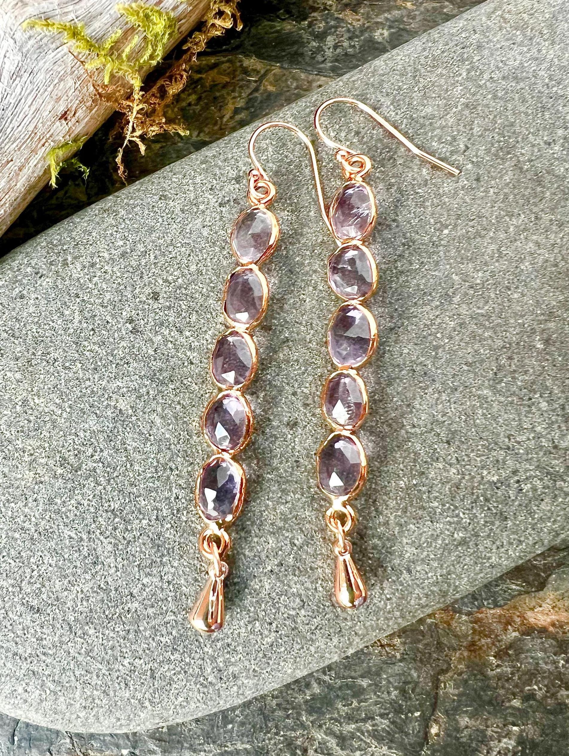 Pink Amethyst Earrings in Rose Gold, 2-1/2 Inch Long Amethyst Drop