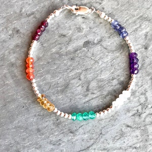 7 Chakra Bracelet, Sterling Silver, Rainbow Gemstone Bracelet, Silver Beads with Genuine Gemstones, Yoga Jewelry, Seven Chakra Yoga Bracelet
