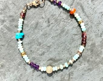 Multicolor Gemstone Bracelet, Gold Fill, Artisan Boho Jewelry, Gypsy Luxe, Sleeping Beauty Turquoise, Colorful Real Gemstones, Gift Idea