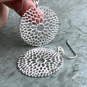 Solid Sterling Silver Mandala Dangle Earrings, Geometric Floral Lace
