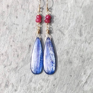 Kyanite Earring, Gold Fill, Drop Earring, Royal Blue, Cobalt Blue, Ruby Earring, Long Gemstone Earring, Blue Kyanite Teardrop, Gift for Her