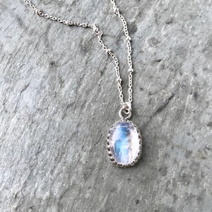 Moonstone Necklace on Silver Chain, Blue Flash, Oval Pendant, Crown Bezel, Satellite Chain, Rainbow Moonstone Smooth Cabochon, Choose Length