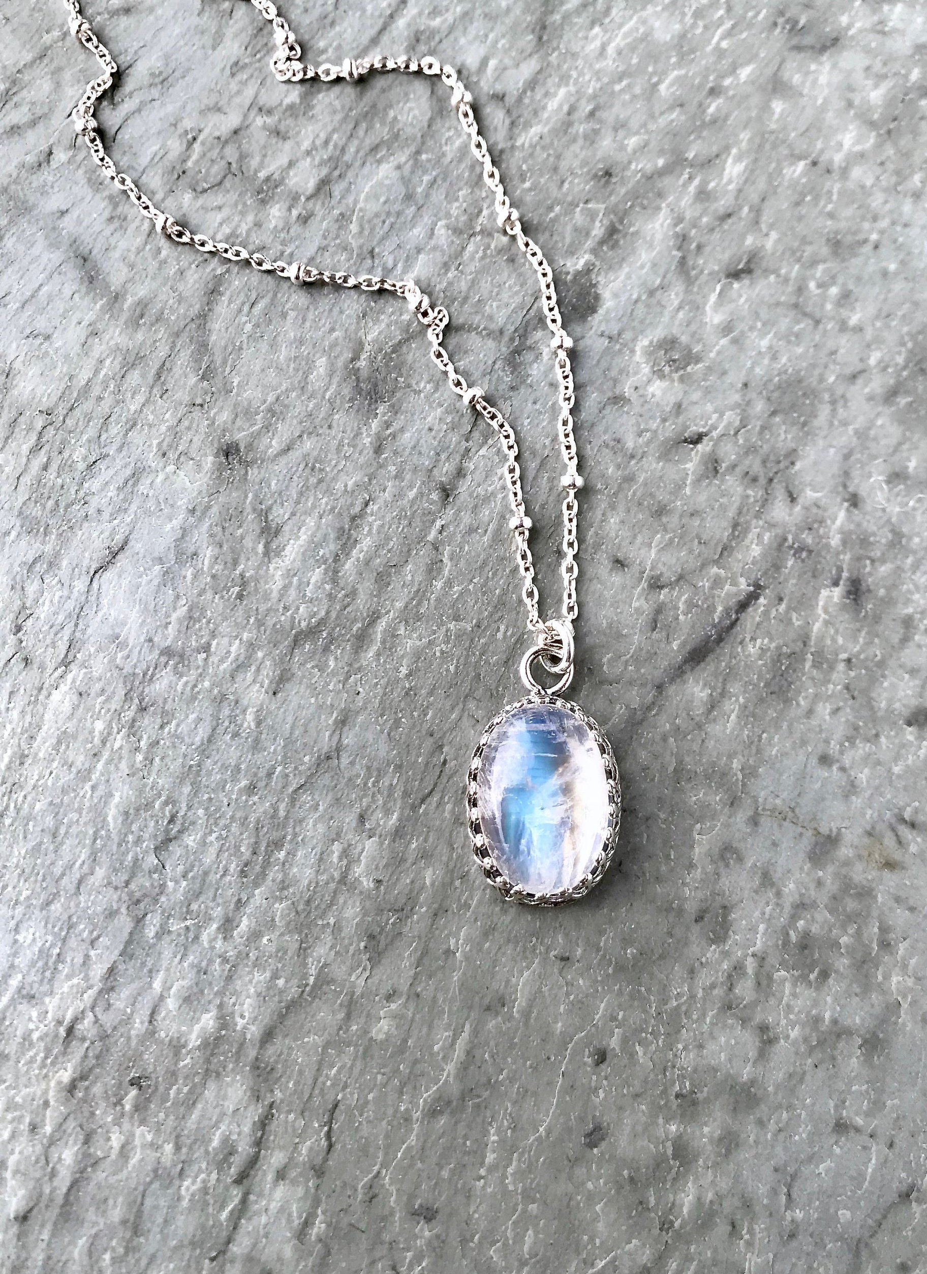 Moonstone Necklace on Silver Chain, Blue Flash, Oval Pendant