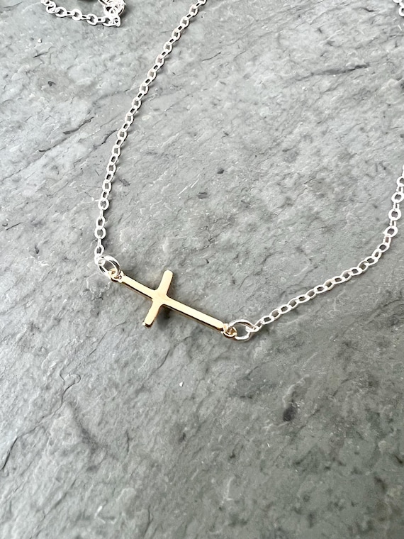 Two-tone Sideways Cross Necklace, Sterling Silver & Gold Vermeil