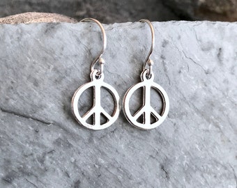 Peace Sign Earrings, Sterling Silver, Peace Symbol Charm, Dainty Minimal Simple, Peace Jewelry, Hippie Flower Child Groovy, World Peace