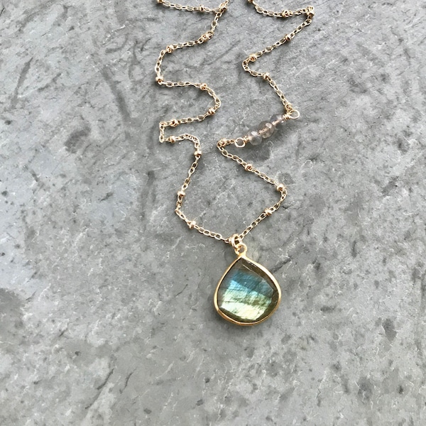 Labradorite Necklace, Gold Filled Satellite Chain, Flashy Stone, Bezel Framed Pendant, Sterling Silver Beaded Chain, Labradorite Jewelry