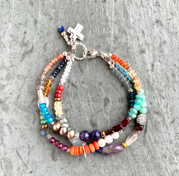Three Strand Stacked Bead Stretch Bracelet Sterling Silver Three Strand Stacked Bead Stretch Bracelet Sterling Silver