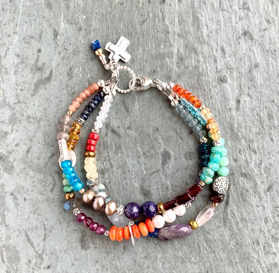 Colorful Multi Gemstone Bracelet, Sterling Silver, Triple Bracelet,  Colorful Boho Beaded Bracelet, Three Strand Bracelet, Real Gemstones - Etsy