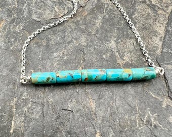 Turquoise Bar Necklace, Silver or Gold Chain, Row of Real Turquoise Beads, Layering Necklace