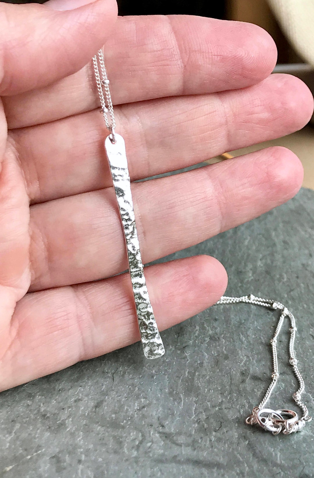 Silver Bar Necklace, Sterling Silver Vertical Bar, Satellite Chain