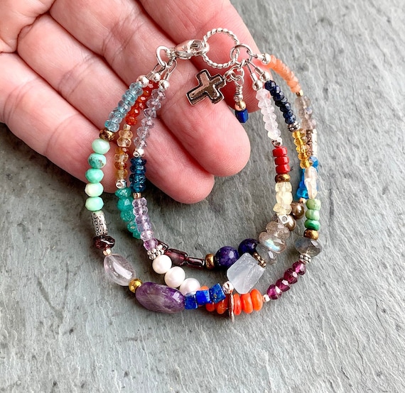 Colorful Multi Gemstone Bracelet, Sterling Silver, Triple Bracelet,  Colorful Boho Beaded Bracelet, Three Strand Bracelet, Real Gemstones - Etsy