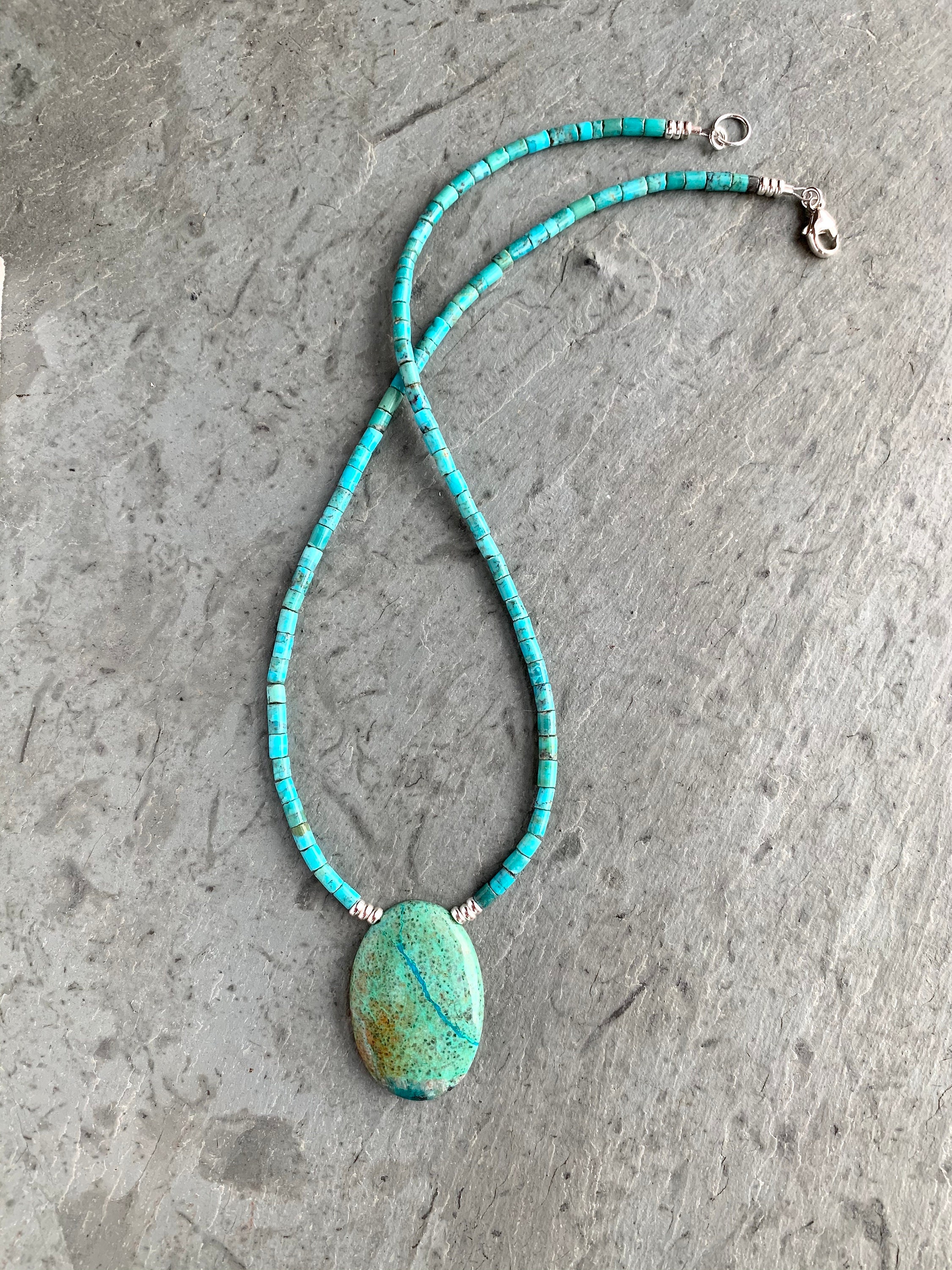 Turquoise Necklace Large Chrysocolla Pendant Sterling | Etsy