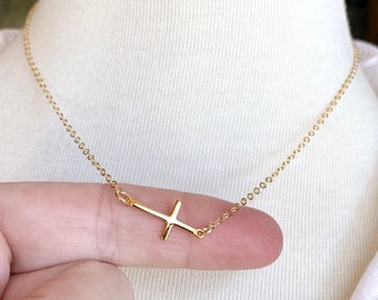 Sideways Cross Necklace, Gold Filled Cross Jewelry, Tiny Cross Pendant, Horizontal Cross Necklace, Off Center Cross, Dainty Cross Choker