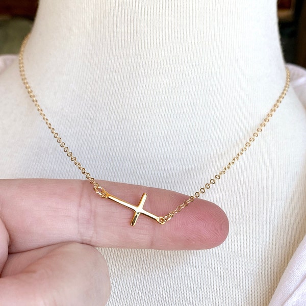 Sideways Cross Necklace, Gold Filled Cross Jewelry, Tiny Cross Pendant, Horizontal Cross Necklace, Off Center Cross, Dainty Cross Choker