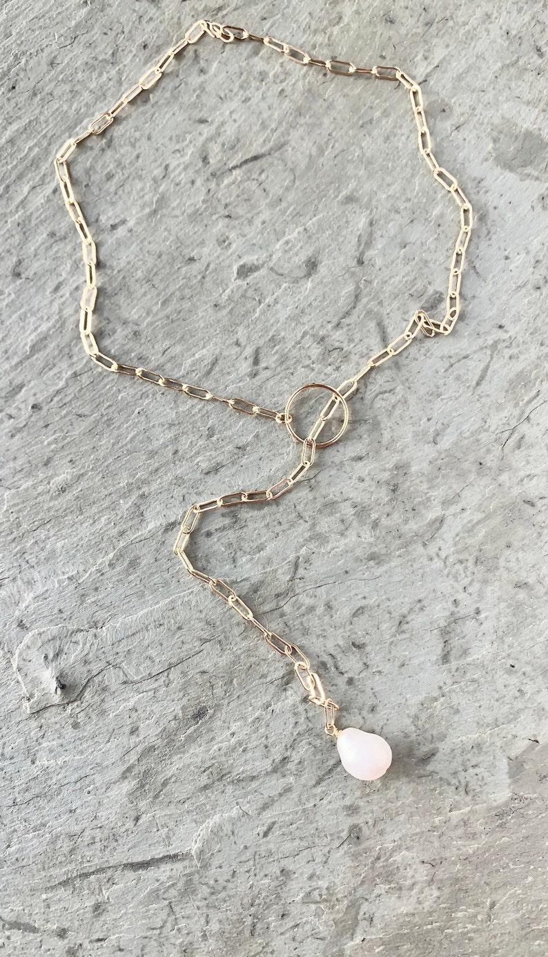 Gold Paperclip Chain Necklace with Pearl, Gold Filled Lariat Necklace with Large Pearl Drop, Baroque Pearl on Rectangle Chain, Chic Modern image 3