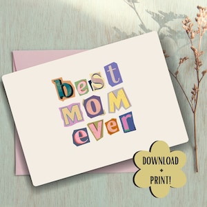 Tarjeta del Día de la Madre: La mejor mamá del mundo. Tarjeta imprimible con collage de revistas para el Día de la Madre. Descarga instantánea. Tarjeta en blanco para ocasiones especiales.