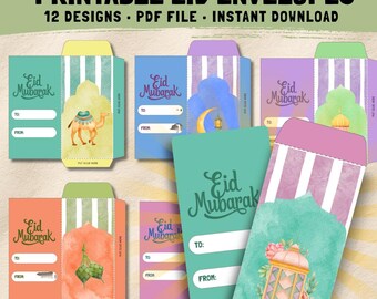 May include: A collection of colorful printable Eid envelopes with various designs. Each envelope features the text "Eid Mubarak" and space for "To" and "From" details. The envelopes showcase illustrations of a camel, a crescent moon, and a lantern.