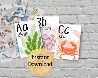 Alphabet ABC Flashcards Ocean Inspired Learning Cards Printable Flashcards for kids Ocean Life Alphabet Montessori Learning Games Preschool