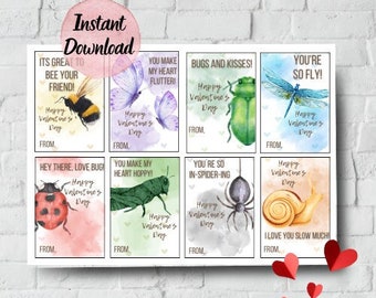 Printable Insects Valentines Day Cards for Kids • Insect / Bug Theme, Puns • Digital Download • Watercolor Style • Insect, Nature, Bugs