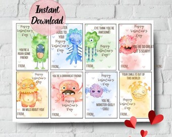 Printable Monster Valentines Day Cards for Kids Printable VDay Cards for Classroom DIY Watercolor cards