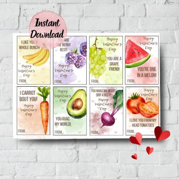 Printable Food Valentines Day Cards for Kids • Fruit and Veggies Theme, Puns • Digital Download • Watercolor Style • Fruit, Vegetable, Food